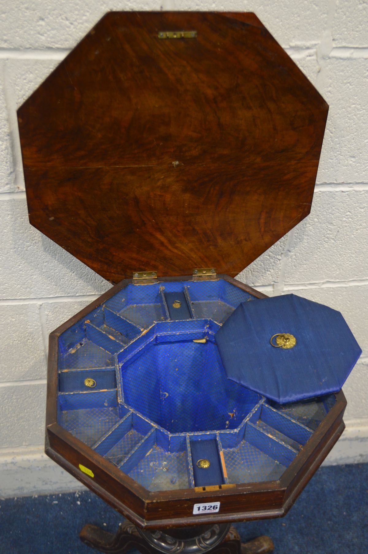 A LATE VICTORIAN WALNUT AND MARQUETRY INLAID OCTAGONAL TRUMPET WORK TABLE, with a fitted interior, - Image 3 of 6
