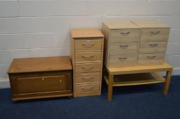 A MODERN PINE BLANKET CHEST, width 80cm x depth 44cm x height 49cm, along with a tall beech chest of