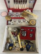 A BOX OF ASSORTED ITEMS AND A CANTEEN OF CUTLERY, to include a three pence coin bracelet, a silver