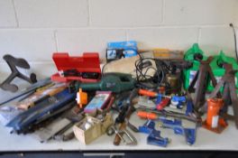 A COLLECTION OF TOOLS to include a Bosch electric PFZ 550 hacksaw, pair of axle stands, two