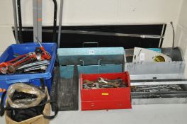 THREE METAL TOOLBOXES and a plastic box to include spanners, socket sets and miscellaneous