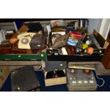 FOUR BOXES AND LOOSE SUNDRY ITEMS, to include Philips reel to reel player, records, Columbia