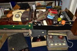 FOUR BOXES AND LOOSE SUNDRY ITEMS, to include Philips reel to reel player, records, Columbia