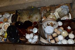 TEN BOXES AND LOOSE CERAMICS AND GLASSWARE, ETC, including Denby and other stoneware plates,