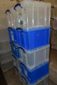 TEN REALLY USEFUL BOX COMPANY 35 LITRE PLASTIC BOXES WITH LIDS, six clear and four blue (10)