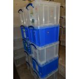 TEN REALLY USEFUL BOX COMPANY 35 LITRE PLASTIC BOXES WITH LIDS, six clear and four blue (10)