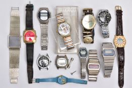 A BOX OF ASSORTED LADIES AND GENTS WRISTWATCHES, to include pieces such as a cased gents 'Swatch'
