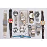 A BOX OF ASSORTED LADIES AND GENTS WRISTWATCHES, to include pieces such as a cased gents 'Swatch'