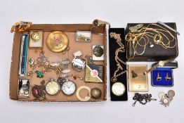 A BOX OF ASSORTED ITEMS, to include a silver Maltese medal fob with a vacant cartouche, hallmarked