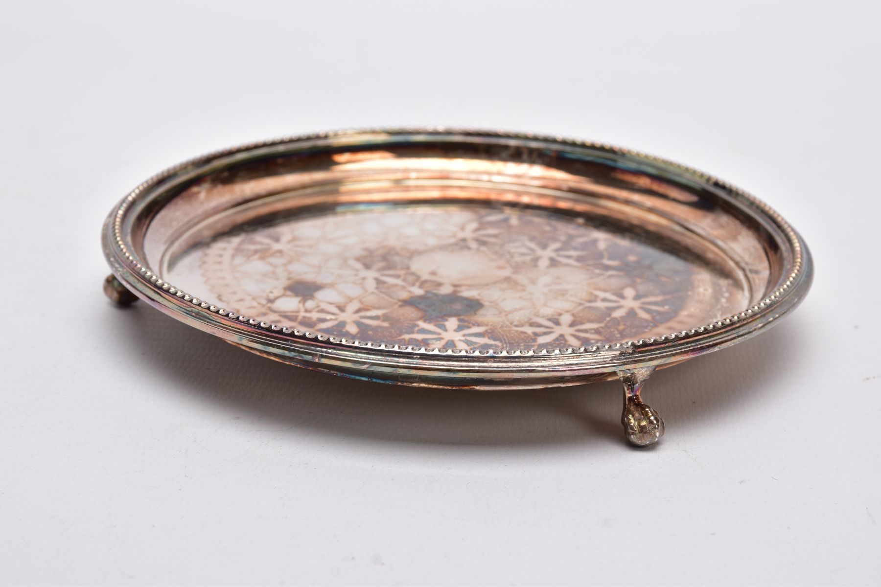 A SILVER SALVER, plain circular form with a beaded rim, raised on three ball and claw feet, - Image 3 of 5