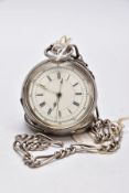 A SILVER OPENFACED POCKET WATCH WITH ALBERT CHAIN, round white dial, Roman numerals, silver tone