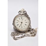 A SILVER OPENFACED POCKET WATCH WITH ALBERT CHAIN, round white dial, Roman numerals, silver tone