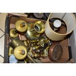 BRASS AND COPPER WARES, ETC, to include a bottle jack (no wheel), wind chimes on wooden wall