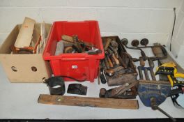TWO BOXES AND A WOODEN TRAY to include various woodworking tools, braces, saws, a Rex no4 plane