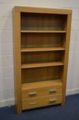 A MODERN OAK FINISH OPEN BOOKCASE, with three shelves above two drawers, width 101cm x depth 33cm