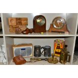 A GROUP OF CLOCKS, TREEN, METALWARES, etc, including an early 20th Century oak cased arched mantel