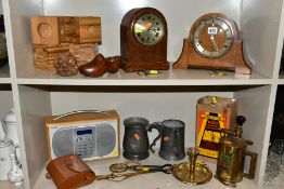 A GROUP OF CLOCKS, TREEN, METALWARES, etc, including an early 20th Century oak cased arched mantel