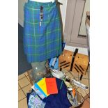 A QUANTITY OF NEEDLEWORK AND CRAFTING ITEMS AND A KILT, the needlework accessories include a domed