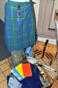 A QUANTITY OF NEEDLEWORK AND CRAFTING ITEMS AND A KILT, the needlework accessories include a domed