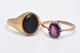 A 9CT GOLD SIGNET RING AND A YELLOW METAL GARNET RING, the gents signet ring of an oval onyx design,