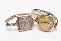 TWO LADIES 9CT GOLD WRISTWATCHES, the first with a square silver dial, Arabic numerals, blue tone