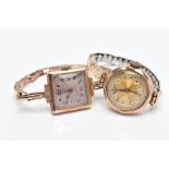TWO LADIES 9CT GOLD WRISTWATCHES, the first with a square silver dial, Arabic numerals, blue tone