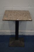 AN ART DECO STYLE GRANITE AND CAST IRON/METAL OCCASIONAL TABLE, the square top, on a square