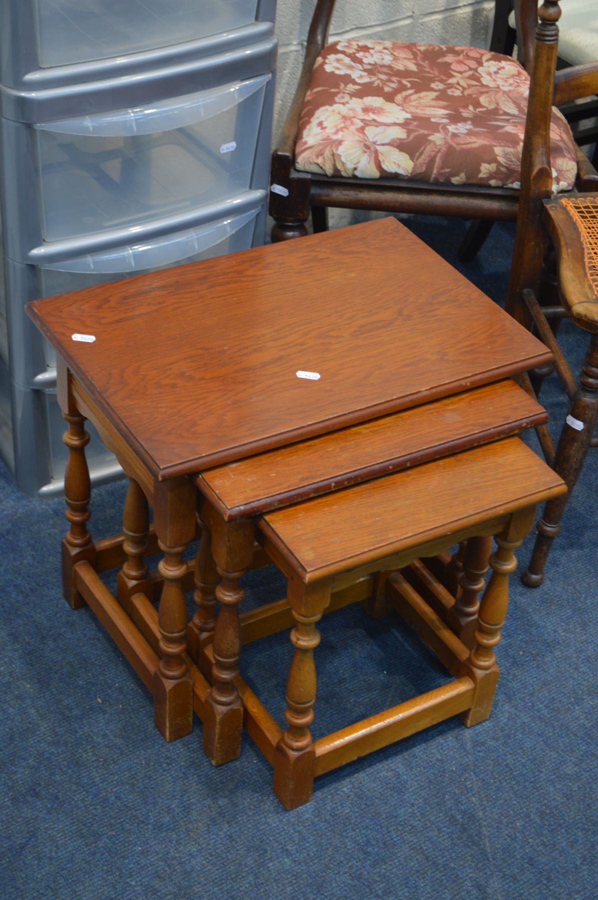 FOUR FOLDING EBONISED DINING CHAIRS, an oak nest of three tables, two period chairs, white finish - Image 4 of 4