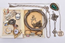 A SELECTION OF JEWELLERY, to include four white metal chains, two suspending pendants such as a