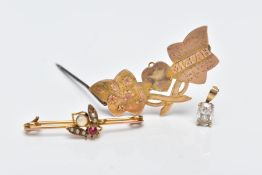 A 9CT GOLD MIZPAH BROOCH, A YELLOW METAL BROOCH AND A PENDANT, designed with a heart and two leaves,