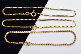 THREE 9CT GOLD BRACELETS, two box link chain bracelets each fitted with spring clasps hallmarked 9ct