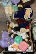 A BOX OF KNITTING RELATED ITEMS, LINEN SCARVES, ETC, to include rolls, Sirdar Classical wool, Patons