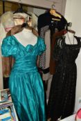 LADIES CLOTHING, to include two 1980's ball dresses, approximate size 12/14, fur jacket and stole,