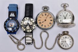 TWO 'SWATCH' WRISTWATCHES AND THREE POCKET WATCHES, to include a black and white faced