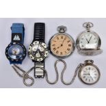 TWO 'SWATCH' WRISTWATCHES AND THREE POCKET WATCHES, to include a black and white faced