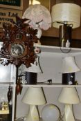 SIX VARIOUS MODERN TABLE LAMPS, A QUARTZ CUCKOO CLOCK, a box of books including art, history,