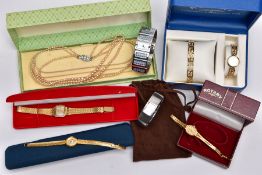 A BOX OF LADIES WRISTWATCHES, to include a cased yellow metal Rotary watch and bracelet gift set,