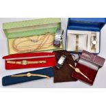 A BOX OF LADIES WRISTWATCHES, to include a cased yellow metal Rotary watch and bracelet gift set,