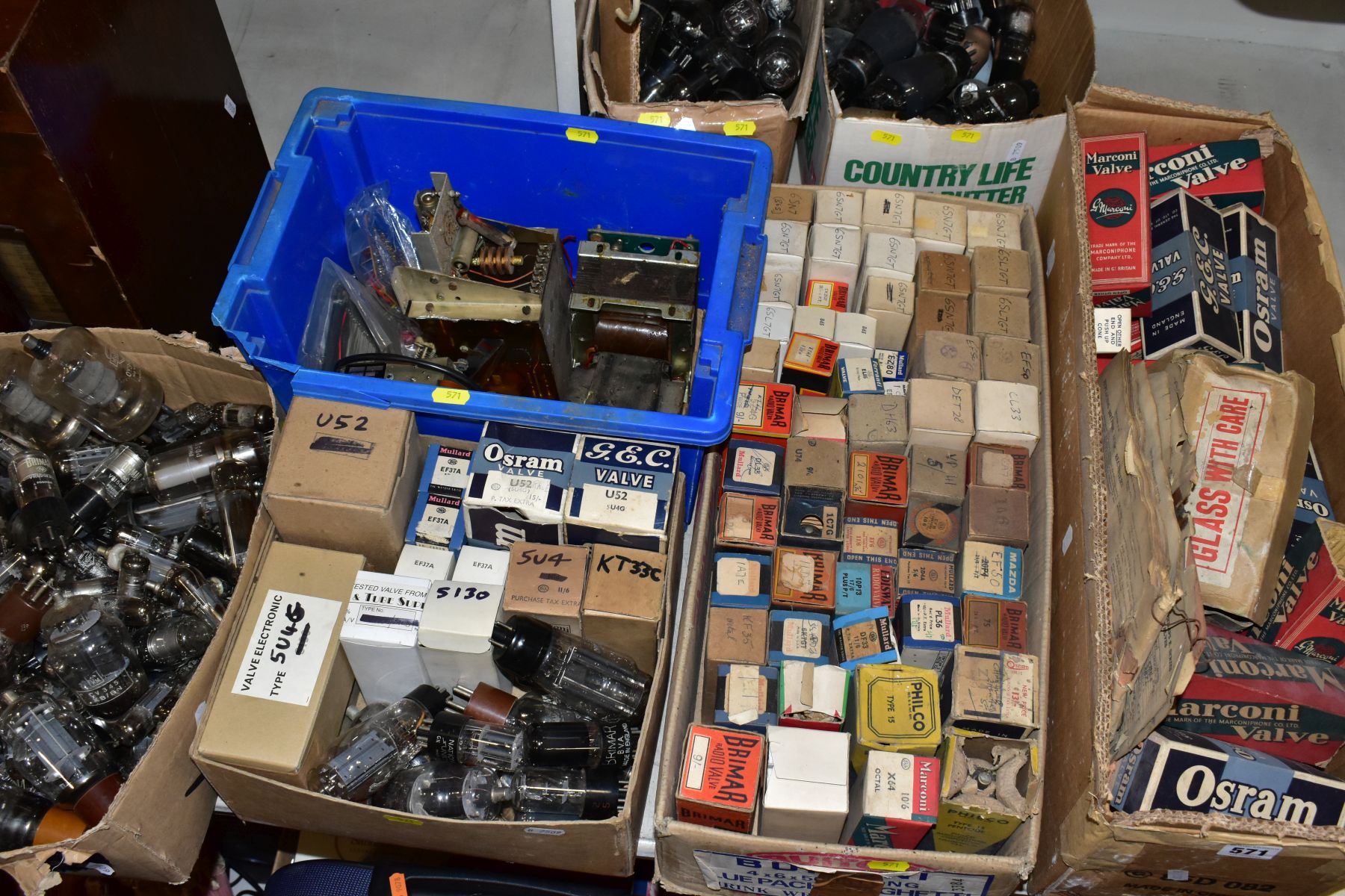 SIX BOXES OF BOXED AND LOOSE RADIO VALVES, boxes include Osram, Marconi, GEC, Brimar, Philco,