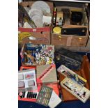 THREE BOXES AND LOOSE SUNDRY ITEMS, to include artists materials (paints, palettes, wooden artists