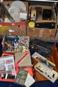 THREE BOXES AND LOOSE SUNDRY ITEMS, to include artists materials (paints, palettes, wooden artists