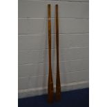 A PAIR OF VINTAGE WOODEN OARS, length 149cm