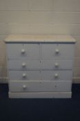 A MID VICTORIAN WHITE PAINTED PINE CHEST OF TWO SHORT DEEP OVER THREE LONG GRADUATED DRAWERS,