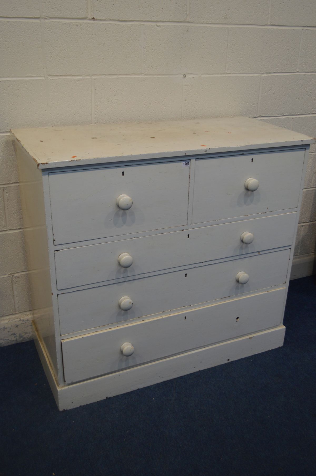 A MID VICTORIAN WHITE PAINTED PINE CHEST OF TWO SHORT DEEP OVER THREE LONG GRADUATED DRAWERS, - Image 2 of 3