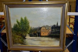 MARET (20TH CENTURY), AN ANGLER FISHING IN A MILL STREAM, signed bottom right, oil on board, framed,