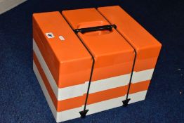 1960'S/70'S ORANGE AND WHITE PLASTIC FOUR TIER PICNIC BOX, each tier with three covered
