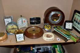 ASSORTED CLOCKS, BOXED HARMONICA, ETC, including a Smith's Nelson's Column alarm clock, not working,