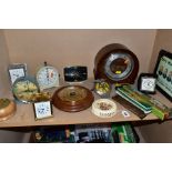 ASSORTED CLOCKS, BOXED HARMONICA, ETC, including a Smith's Nelson's Column alarm clock, not working,