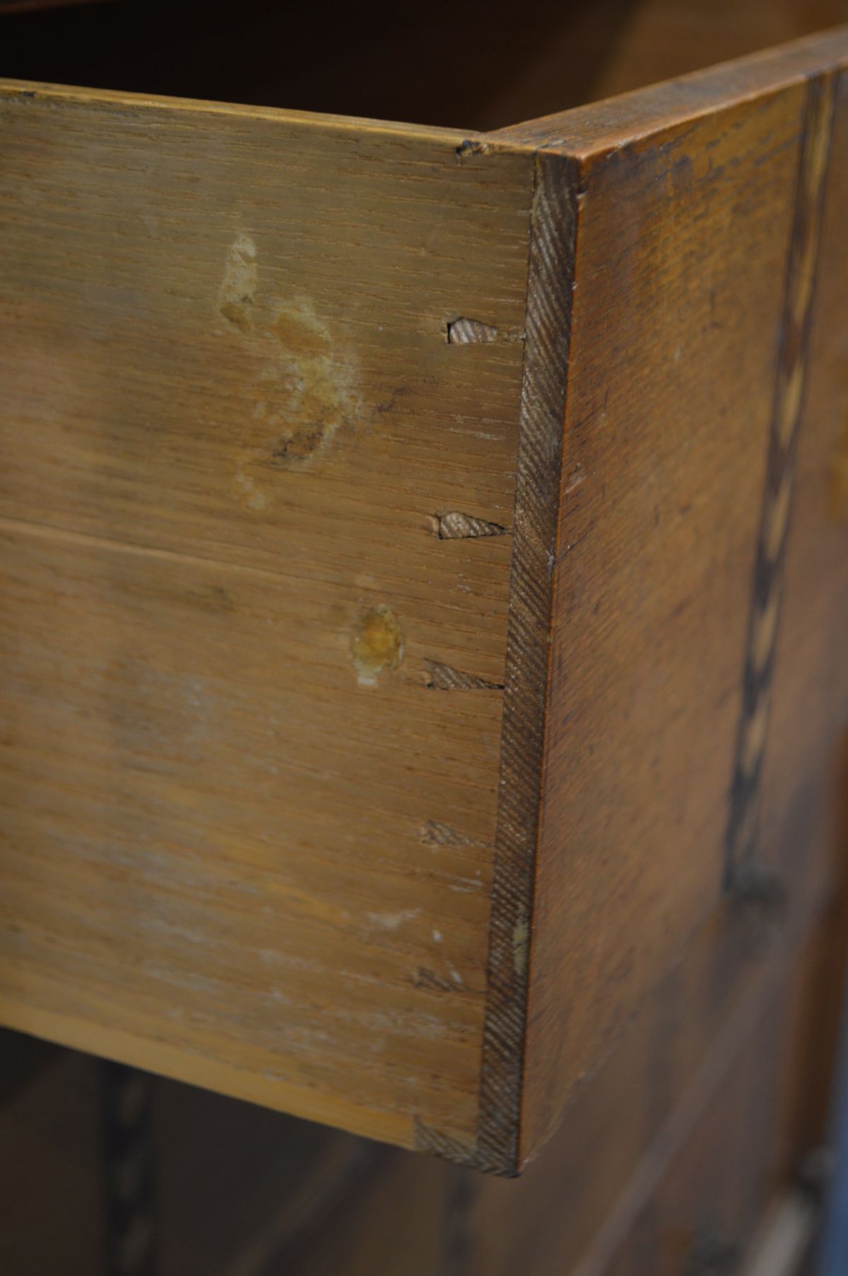 A MID TO LATE 19TH OAK AND PARQUETRY INLAID CHEST OF TWO OVER THREE LONG DRAWERS, in the gothic - Image 6 of 6