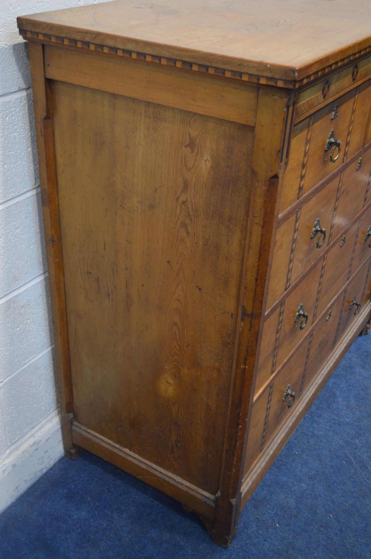 A MID TO LATE 19TH OAK AND PARQUETRY INLAID CHEST OF TWO OVER THREE LONG DRAWERS, in the gothic - Image 5 of 6